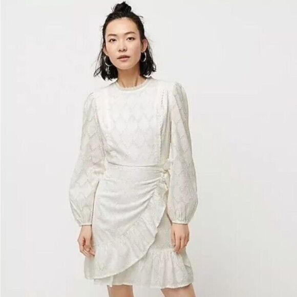 J. Crew Women's Puff-Sleeve Wrap Dress White Knee Length Size M - Picture 1 of 9